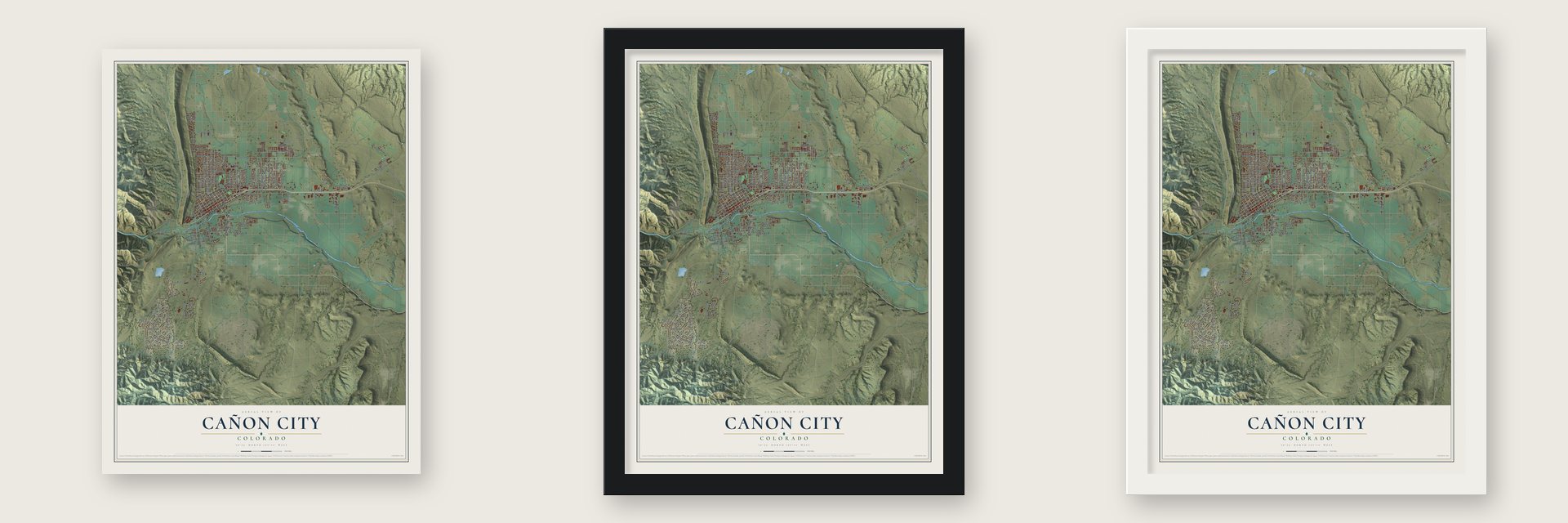 Cañon City, Colorado map unframed, in a black wood frame and in a white wood frame