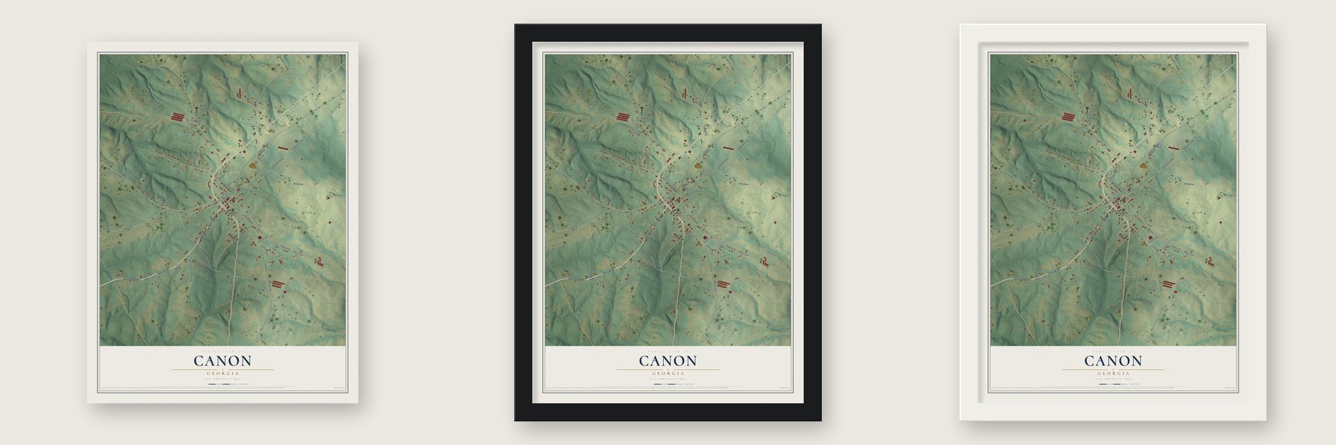 Canon, Georgia map unframed, in a black wood frame and in a white wood frame