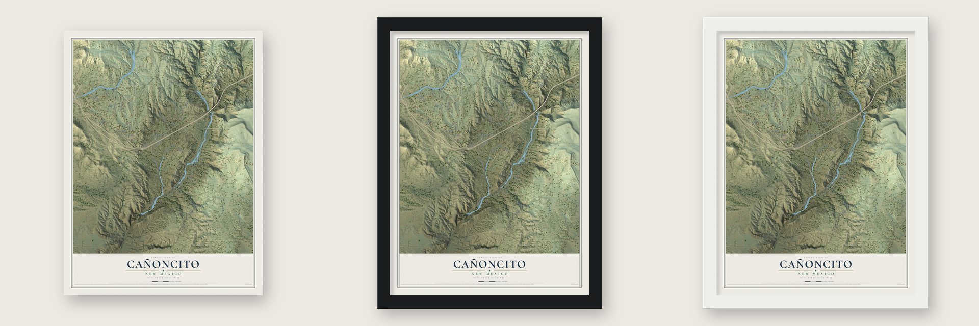 Cañoncito, New Mexico map unframed, in a black wood frame and in a white wood frame