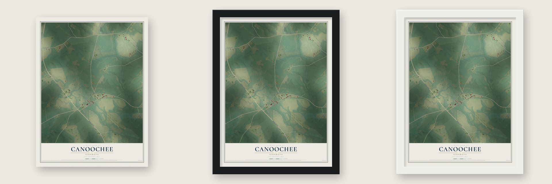 Canoochee, Georgia map unframed, in a black wood frame and in a white wood frame