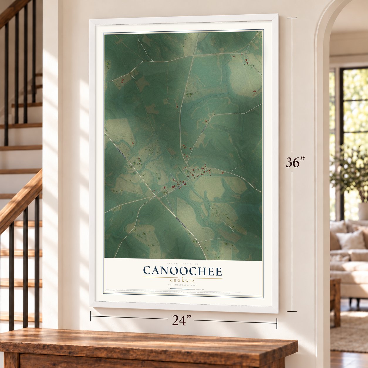 Canoochee, Georgia map, 24 x 36 inch print in a white frame by a staircase