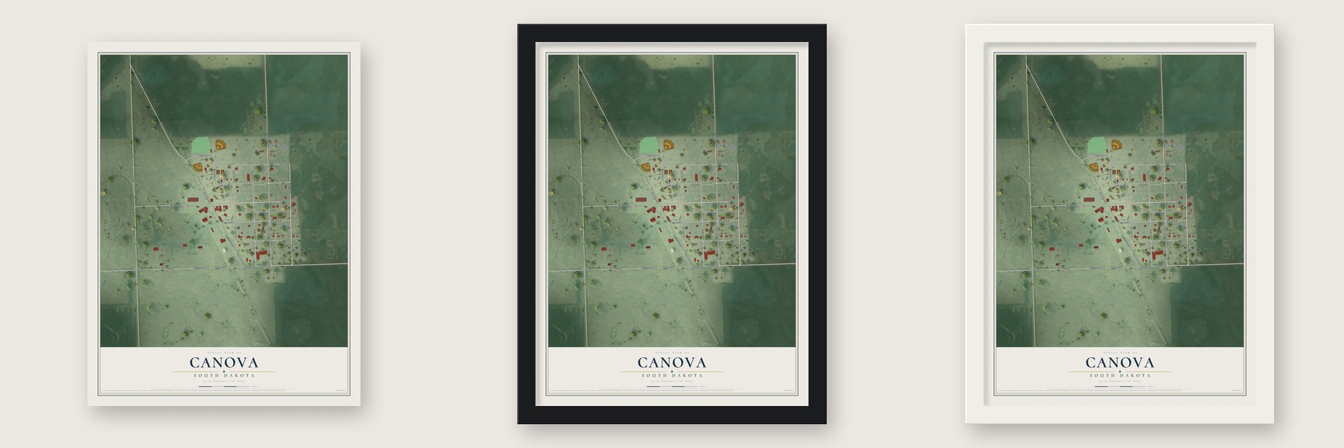 Canova, South Dakota map unframed, in a black wood frame and in a white wood frame