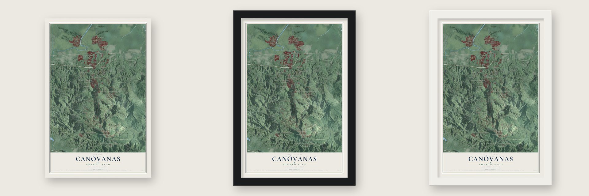 Canóvanas, Puerto Rico map unframed, in a black wood frame and in a white wood frame