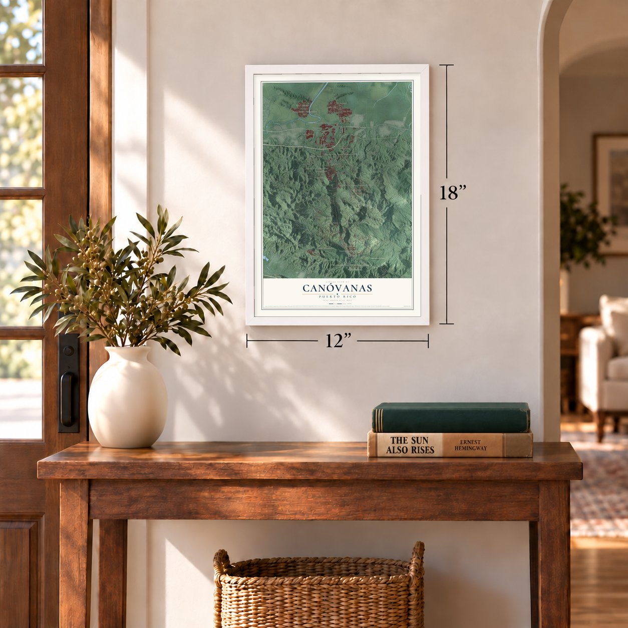 Canóvanas, Puerto Rico map, 12 x 18 inch print in a white frame in an entryway