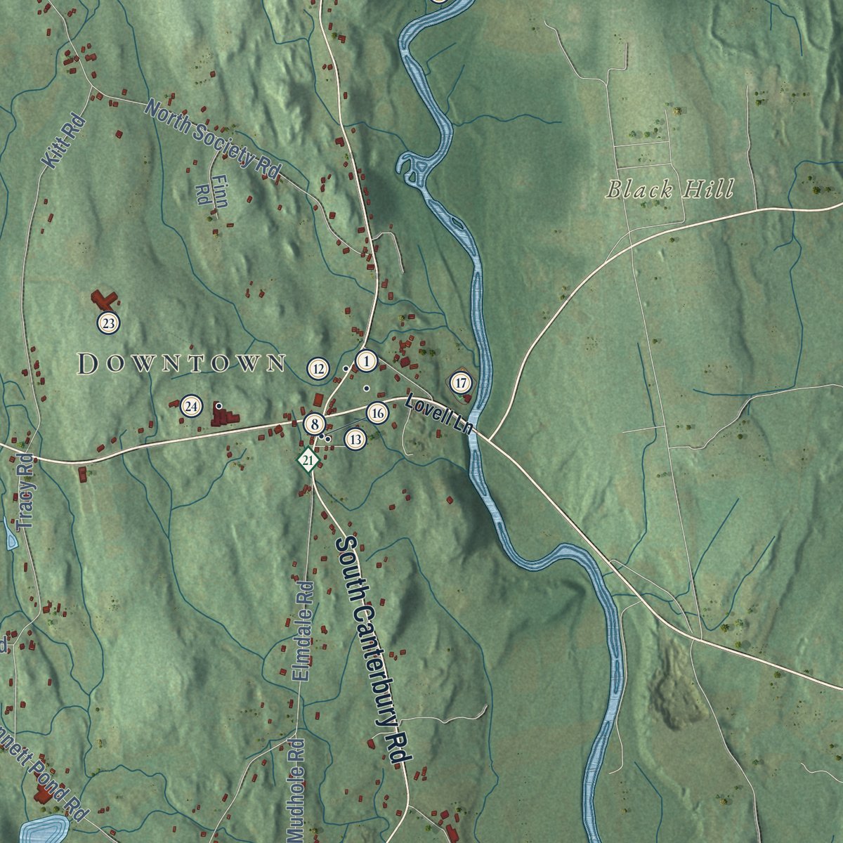 Second close-up of the map of Canterbury, Connecticut print showing more streets and buildings