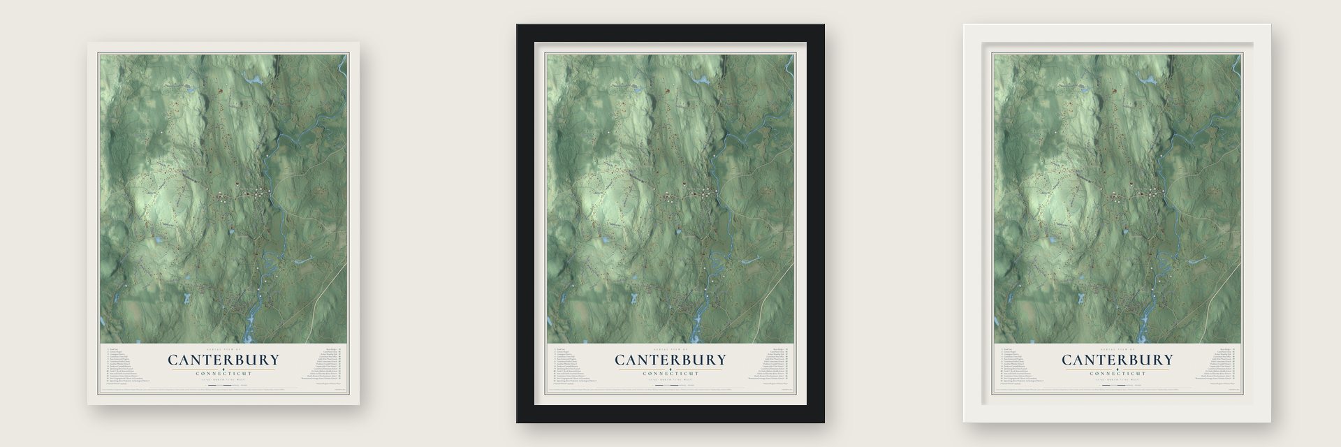 Canterbury, Connecticut map unframed, in a black wood frame and in a white wood frame