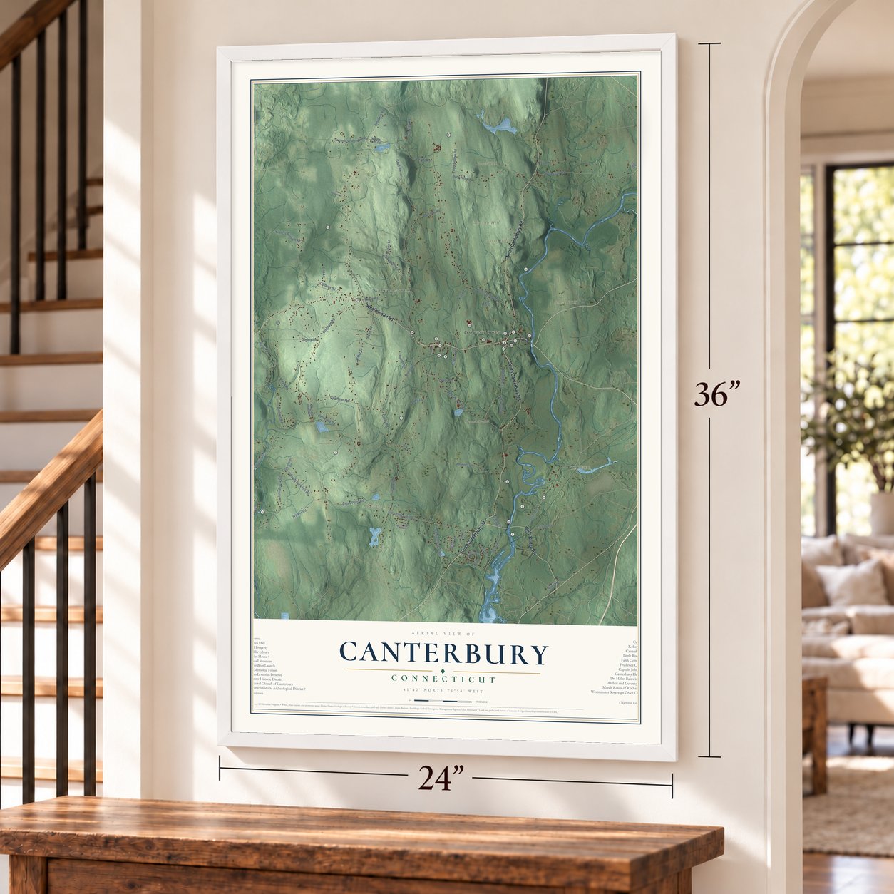 Canterbury, Connecticut map, 24 x 36 inch print in a white frame by a staircase