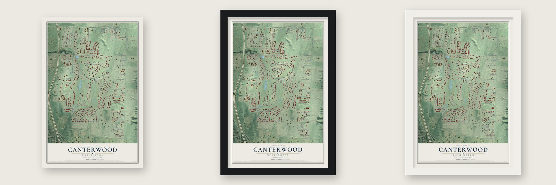 Canterwood, Washington map unframed, in a black wood frame and in a white wood frame