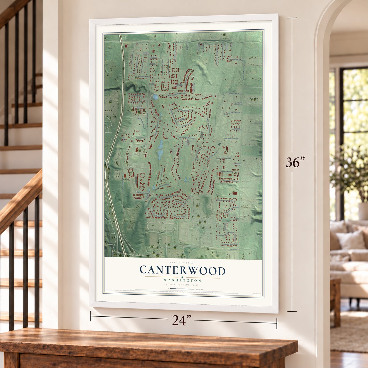 Canterwood, Washington map, 24 x 36 inch print in a white frame by a staircase