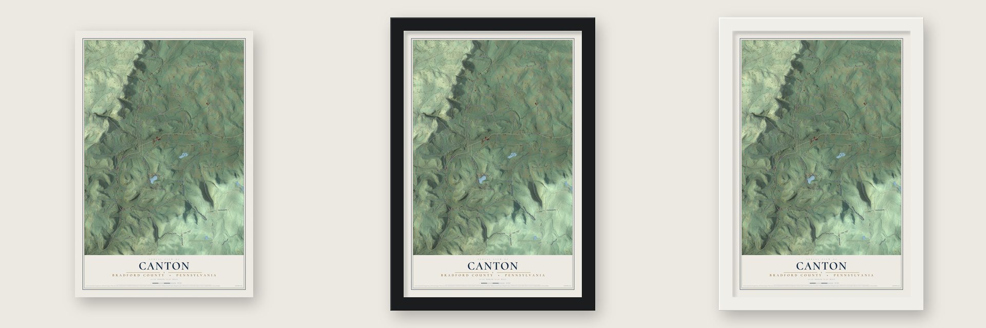 Canton, Bradford County, Pennsylvania map unframed, in a black wood frame and in a white wood frame