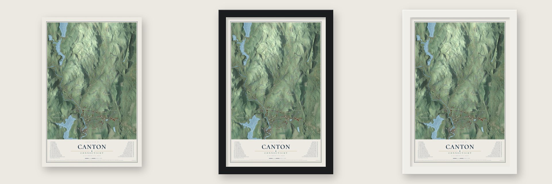 Canton, Connecticut map unframed, in a black wood frame and in a white wood frame
