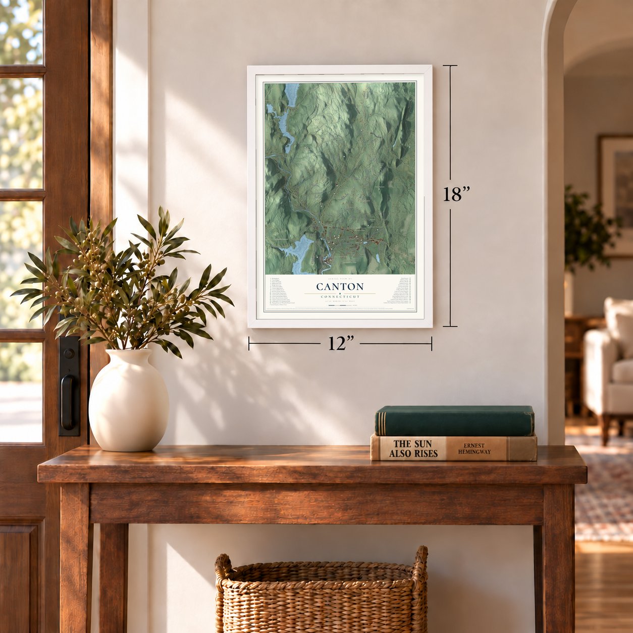 Canton, Connecticut map, 12 x 18 inch print in a white frame in an entryway