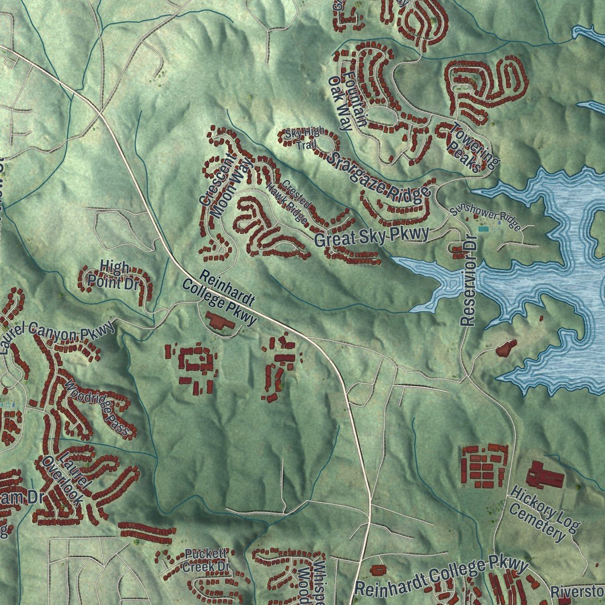 Second close-up of the map of Canton, Georgia print showing more streets and buildings