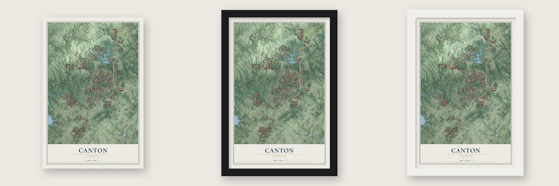 Canton, Georgia map unframed, in a black wood frame and in a white wood frame