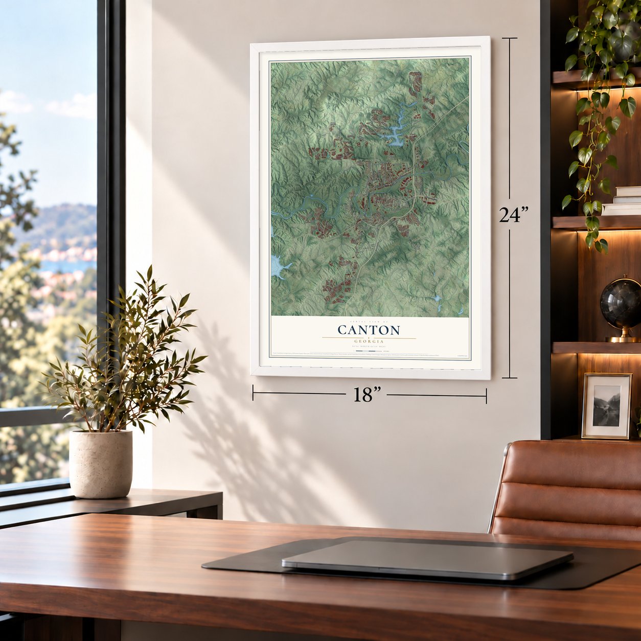 Canton, Georgia map, 18 x 24 inch print in a white frame in a home office