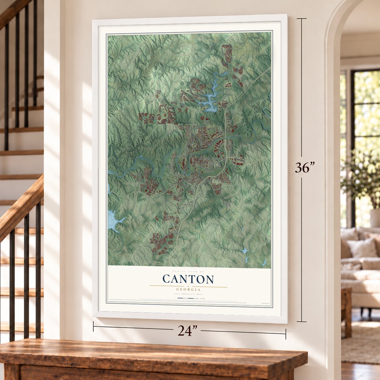 Canton, Georgia map, 24 x 36 inch print in a white frame by a staircase