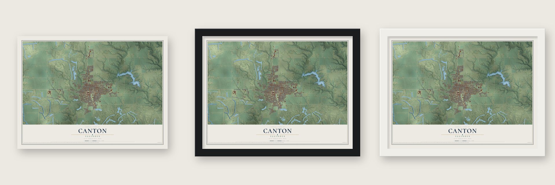 Canton, Illinois map unframed, in a black wood frame and in a white wood frame