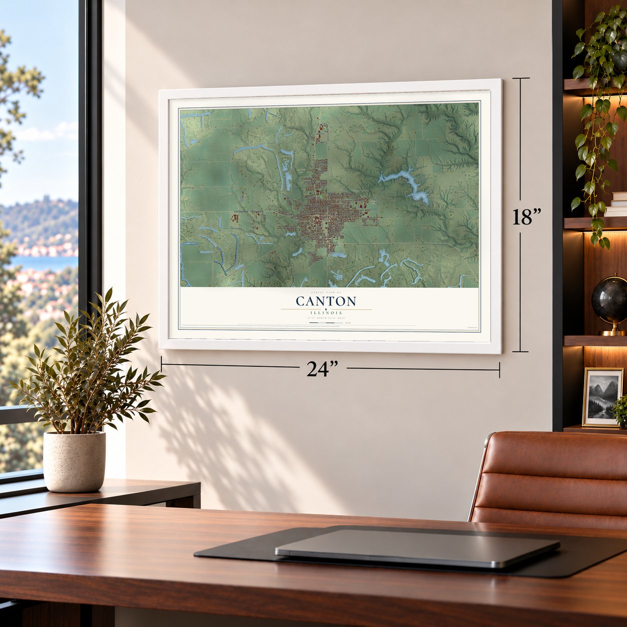 Canton, Illinois map, 18 x 24 inch print in a white frame in a home office