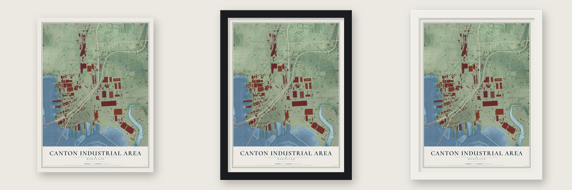 Canton Industrial Area, Maryland map unframed, in a black wood frame and in a white wood frame