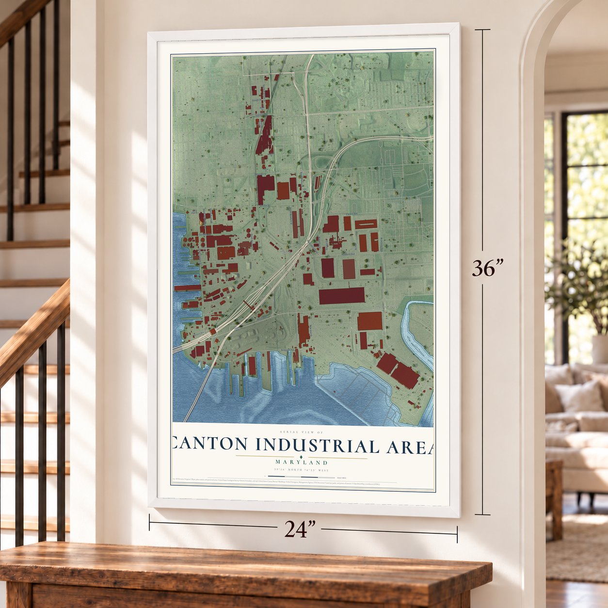Canton Industrial Area, Maryland map, 24 x 36 inch print in a white frame by a staircase