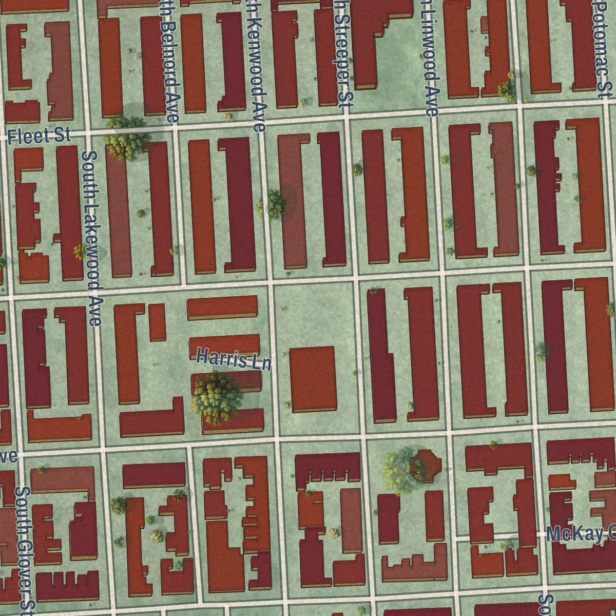 Second close-up of the map of Canton, Maryland print showing more streets and buildings