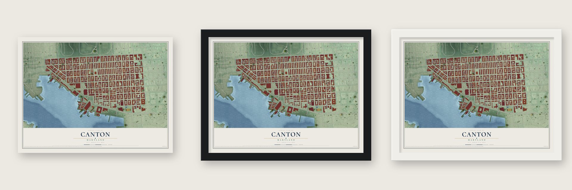 Canton, Maryland map unframed, in a black wood frame and in a white wood frame