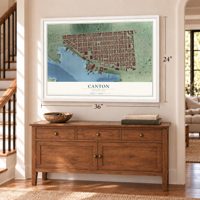Canton, Maryland map, 24 x 36 inch print in a white frame above a dresser by a staircase