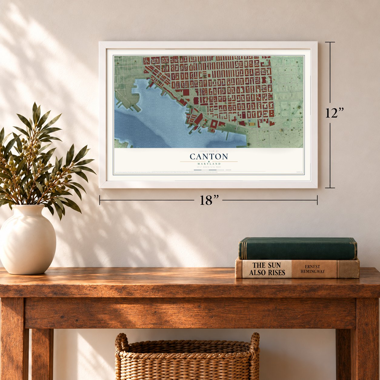Canton, Maryland map, 12 x 18 inch print in a white frame in an entryway