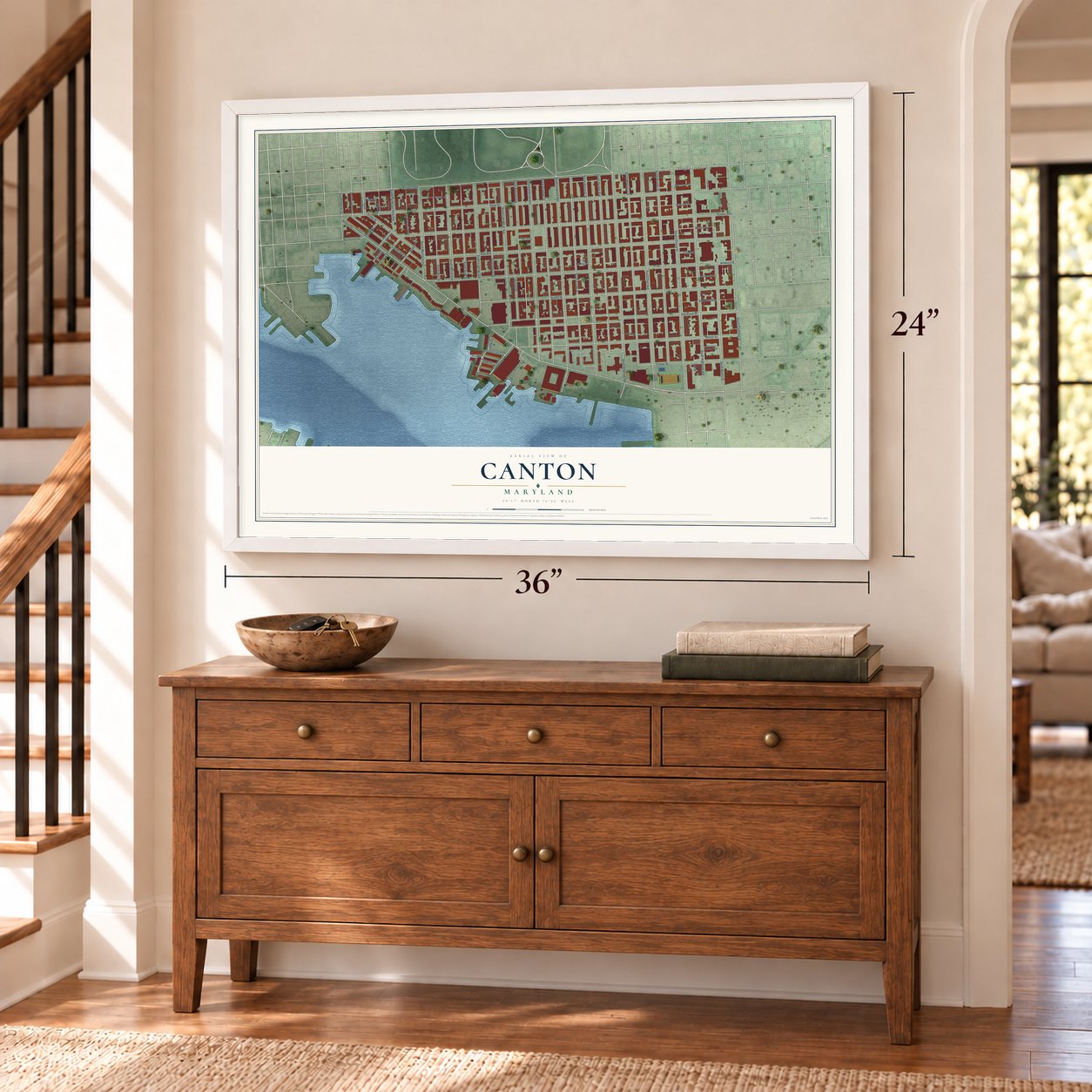 Canton, Maryland map, 24 x 36 inch print in a white frame above a dresser by a staircase