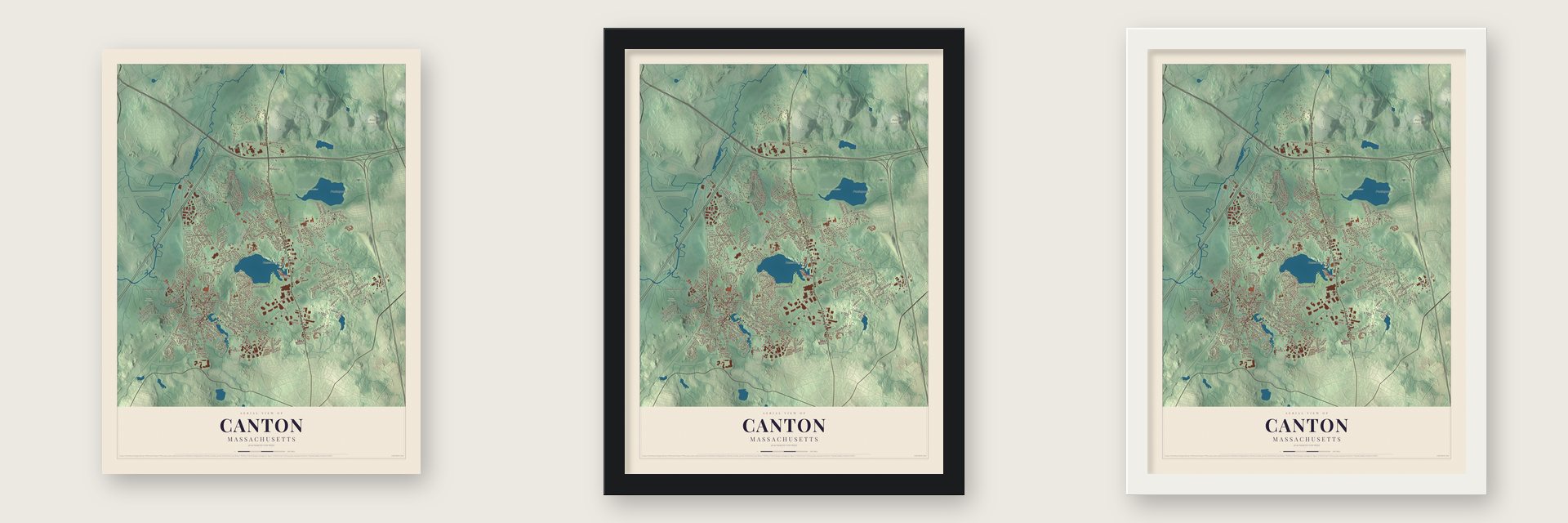 Canton, Massachusetts map unframed, in a black wood frame and in a white wood frame