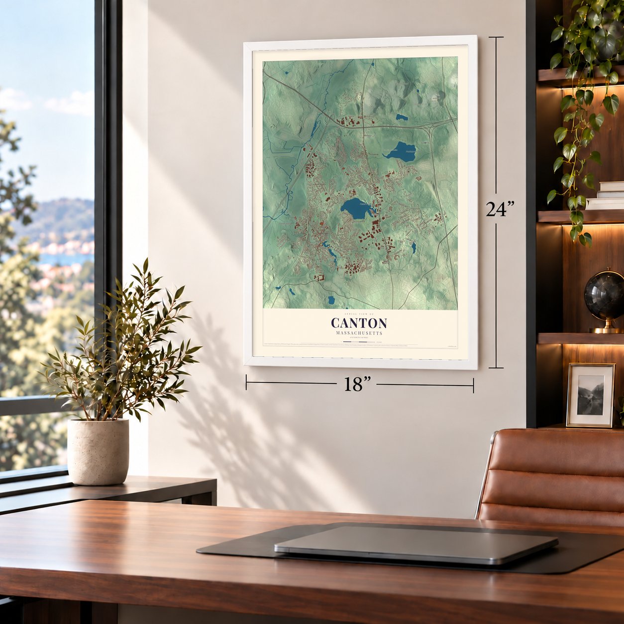 Canton, Massachusetts map, 18 x 24 inch print in a white frame in a home office