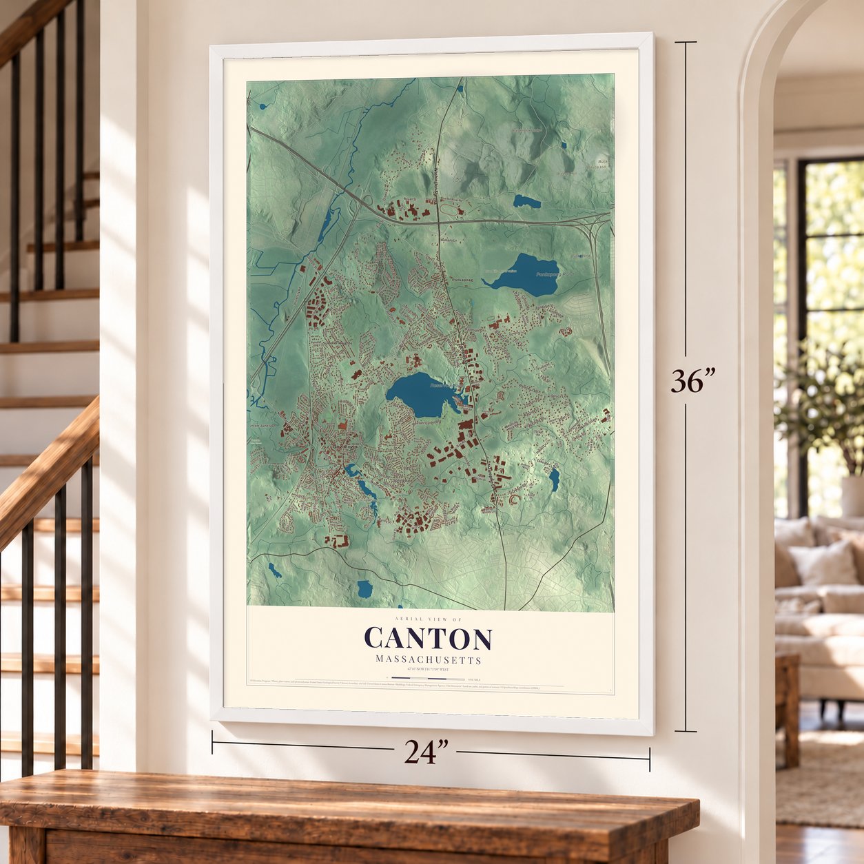 Canton, Massachusetts map, 24 x 36 inch print in a white frame by a staircase