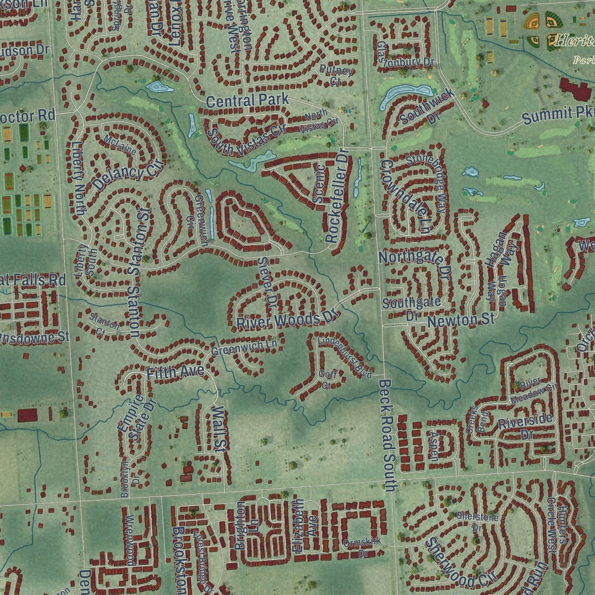 Second close-up of the map of Canton, Michigan print showing more streets and buildings