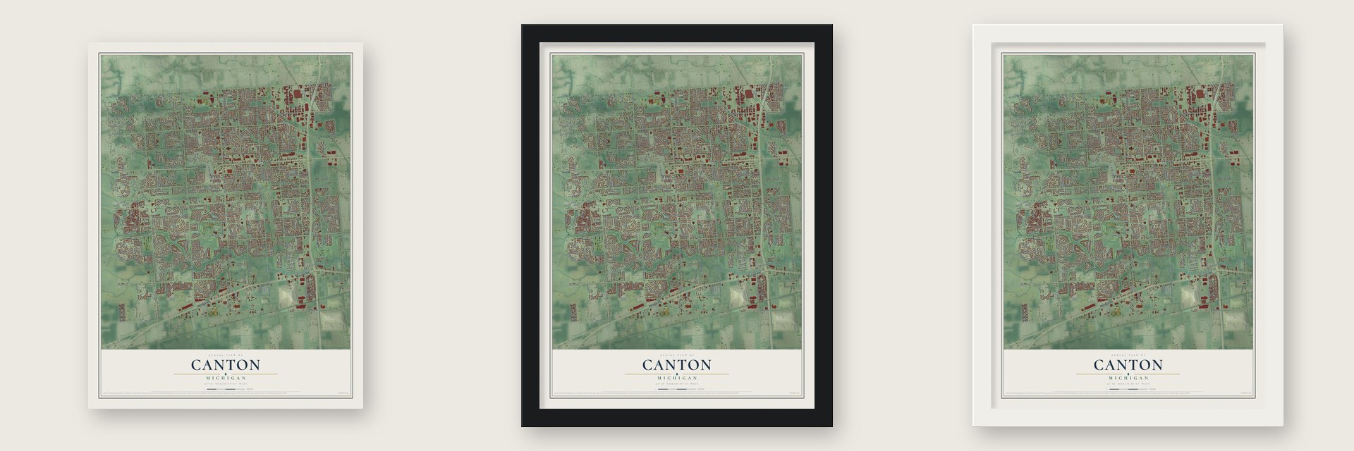 Canton, Michigan map unframed, in a black wood frame and in a white wood frame