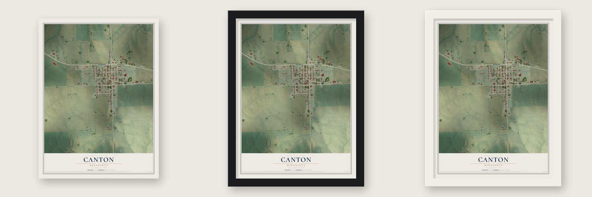 Canton, Minnesota map unframed, in a black wood frame and in a white wood frame