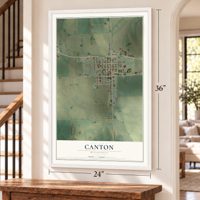 Canton, Minnesota map, 24 x 36 inch print in a white frame by a staircase
