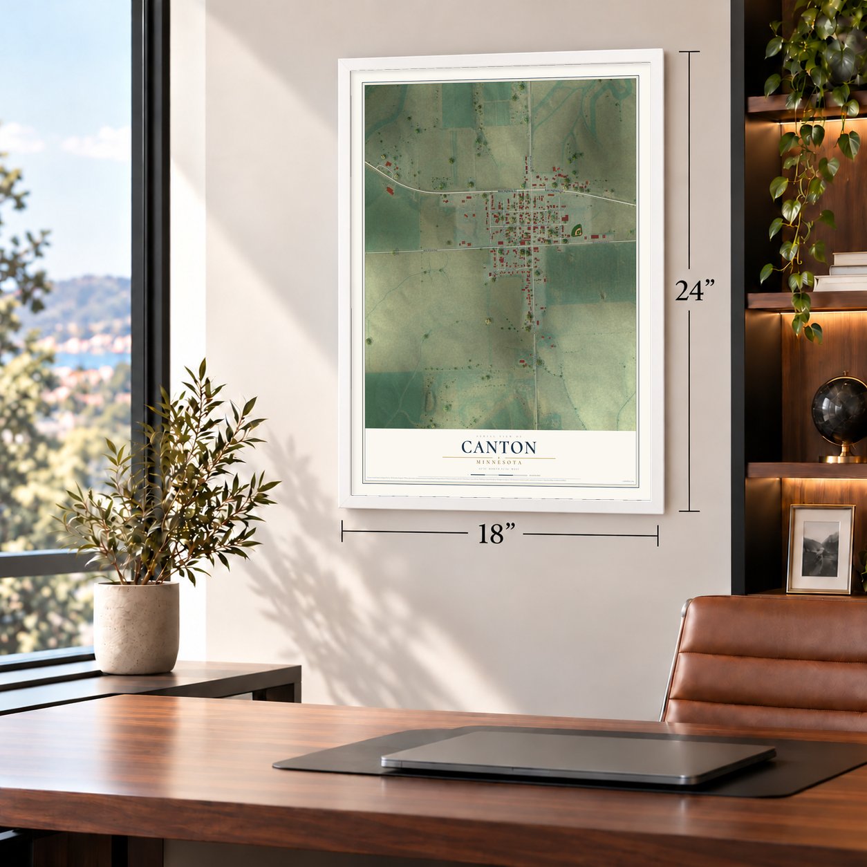 Canton, Minnesota map, 18 x 24 inch print in a white frame in a home office