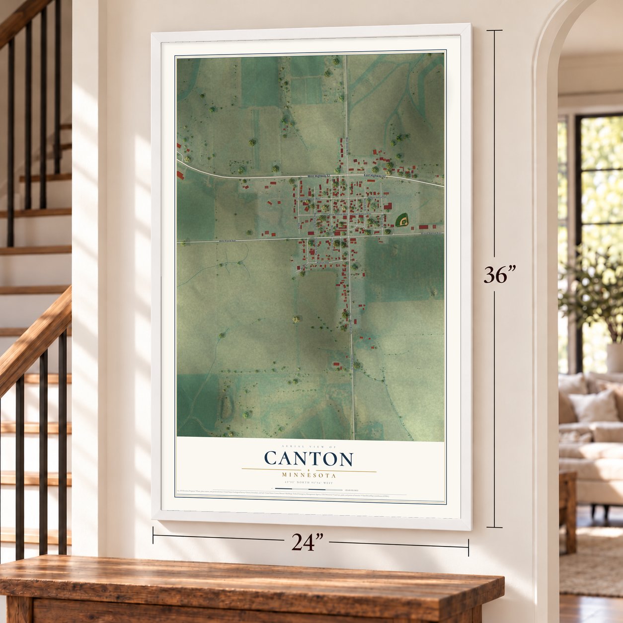 Canton, Minnesota map, 24 x 36 inch print in a white frame by a staircase