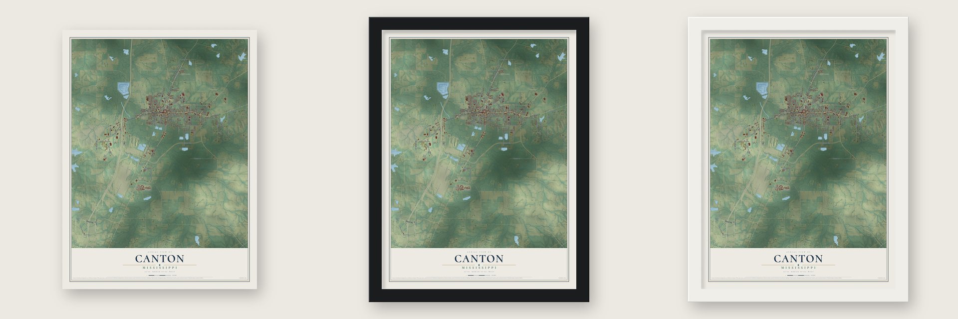 Canton, Mississippi map unframed, in a black wood frame and in a white wood frame
