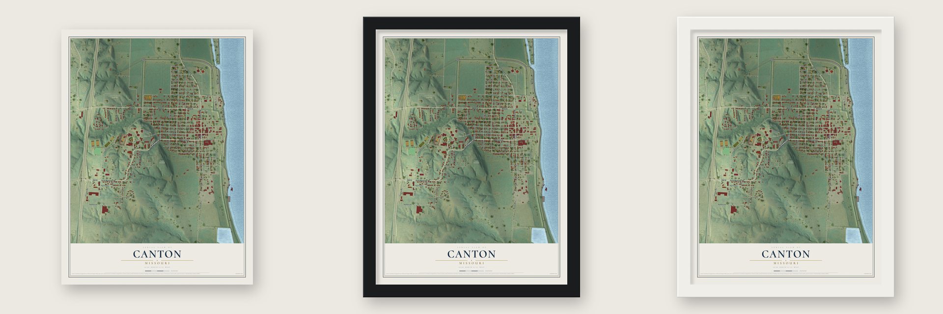 Canton, Missouri map unframed, in a black wood frame and in a white wood frame