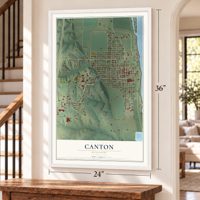 Canton, Missouri map, 24 x 36 inch print in a white frame by a staircase