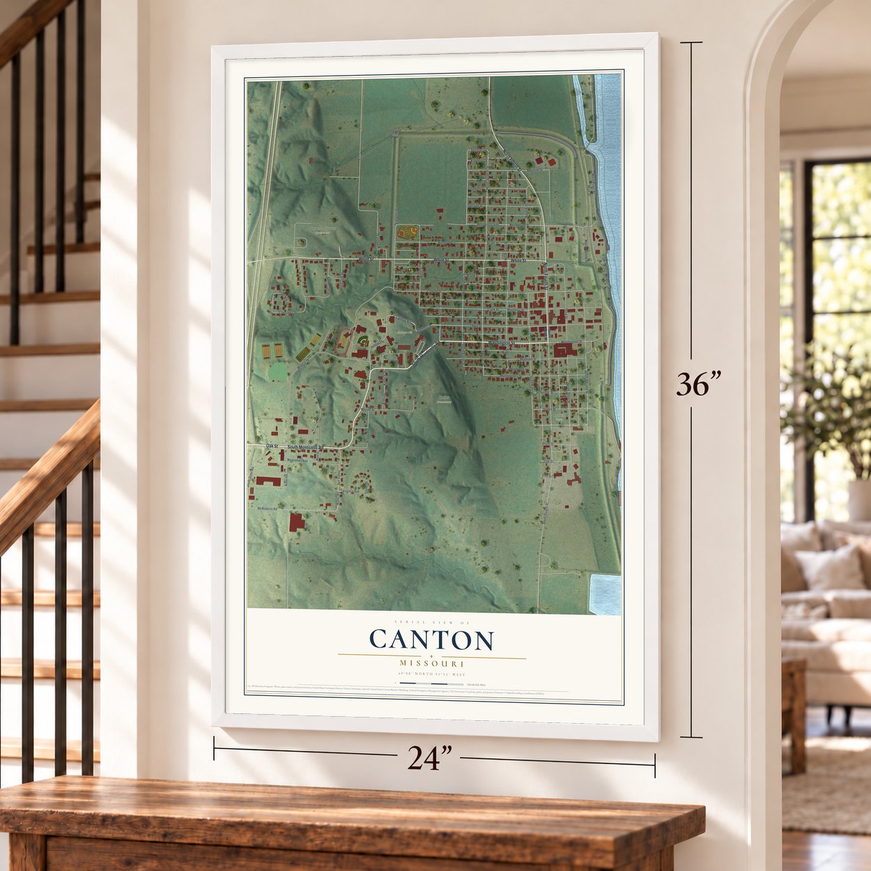 Canton, Missouri map, 24 x 36 inch print in a white frame by a staircase