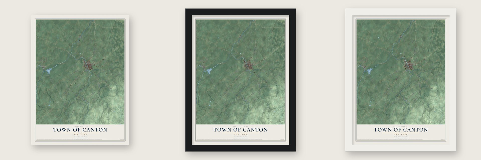 Town of Canton, New York map unframed, in a black wood frame and in a white wood frame