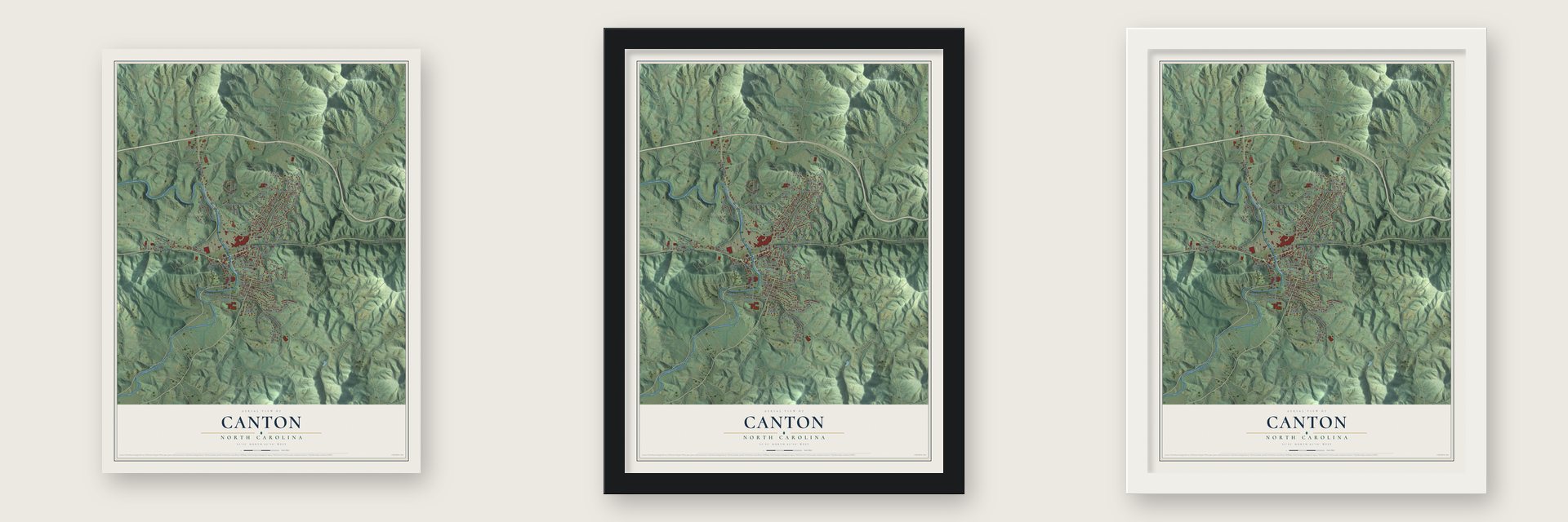 Canton, North Carolina map unframed, in a black wood frame and in a white wood frame