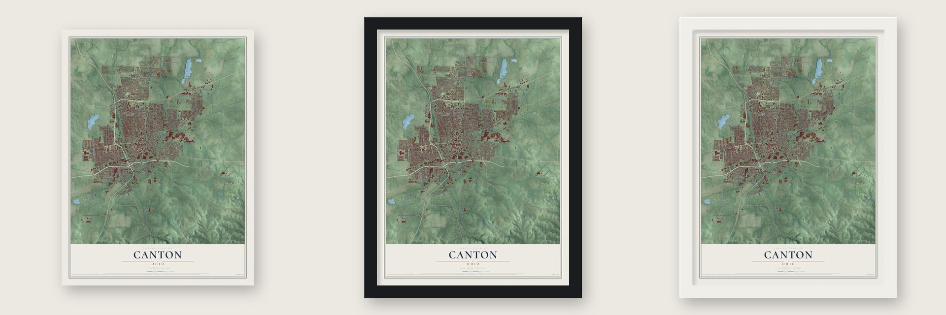 Canton, Ohio map unframed, in a black wood frame and in a white wood frame