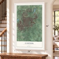 Canton, Ohio map, 24 x 36 inch print in a white frame by a staircase