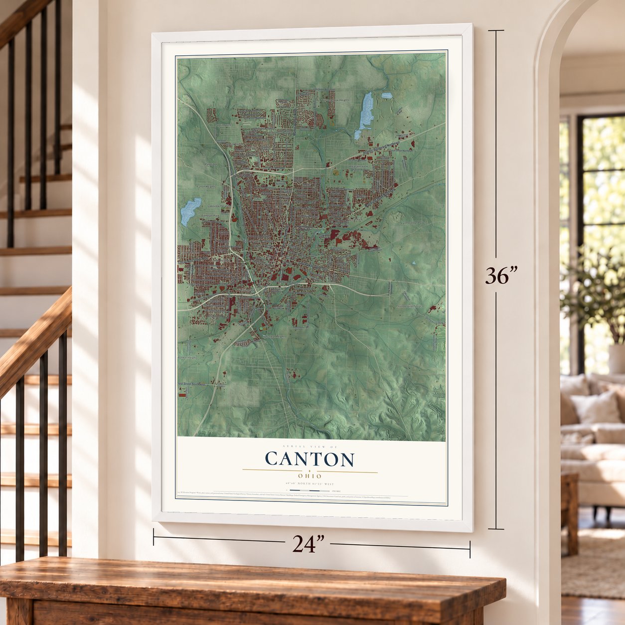 Canton, Ohio map, 24 x 36 inch print in a white frame by a staircase