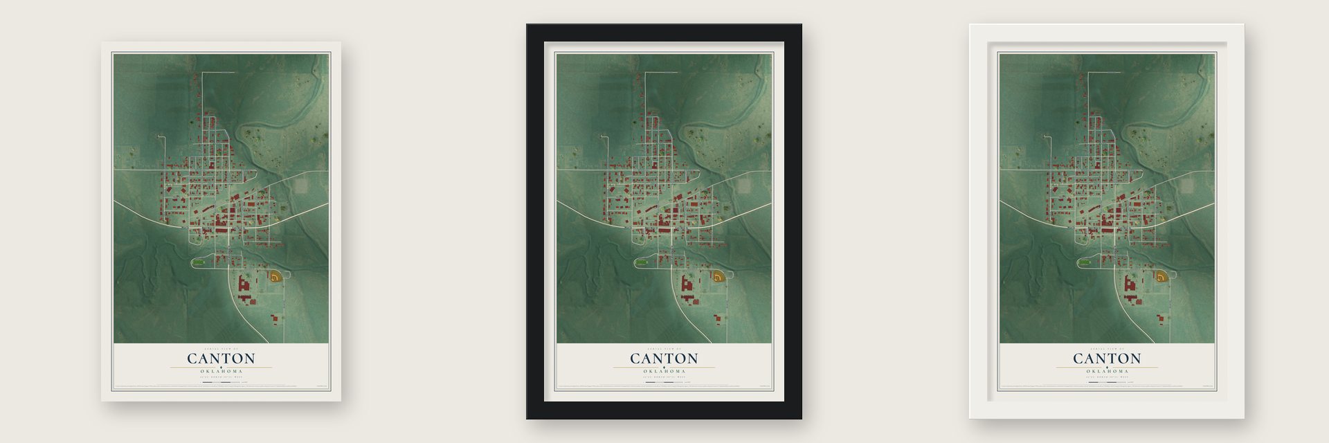 Canton, Oklahoma map unframed, in a black wood frame and in a white wood frame