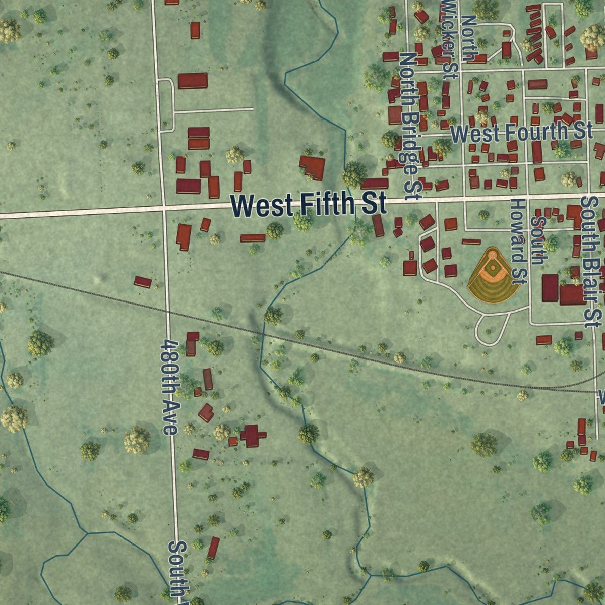 Second close-up of the map of Canton, South Dakota print showing more streets and buildings