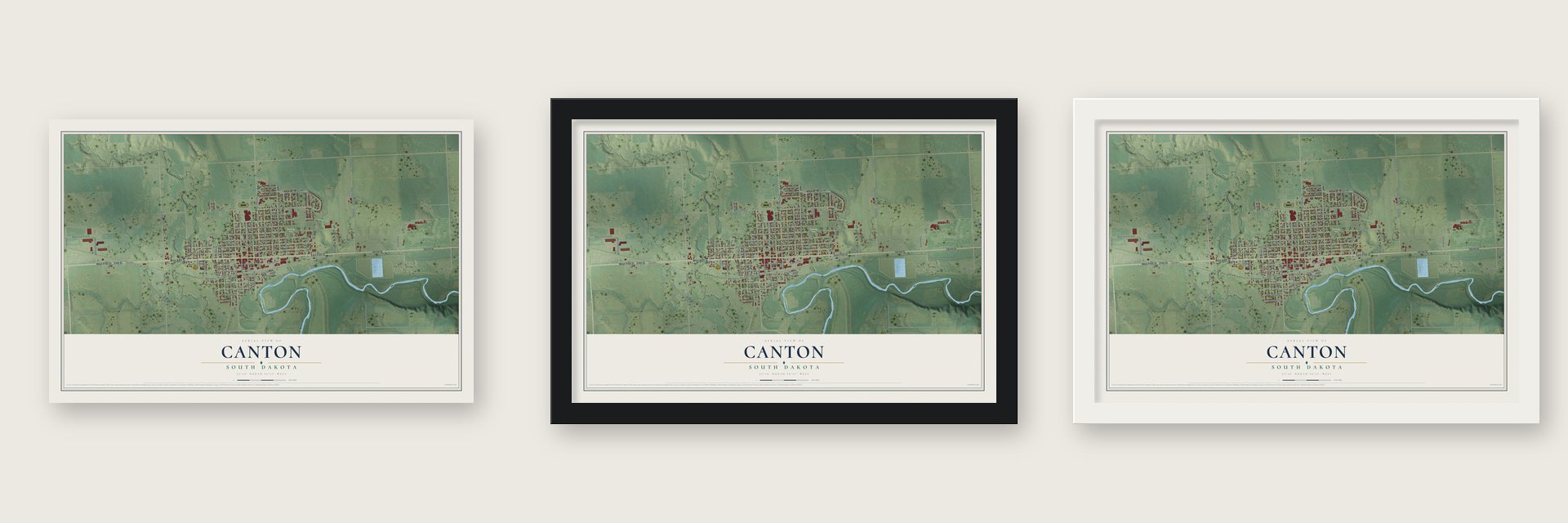Canton, South Dakota map unframed, in a black wood frame and in a white wood frame